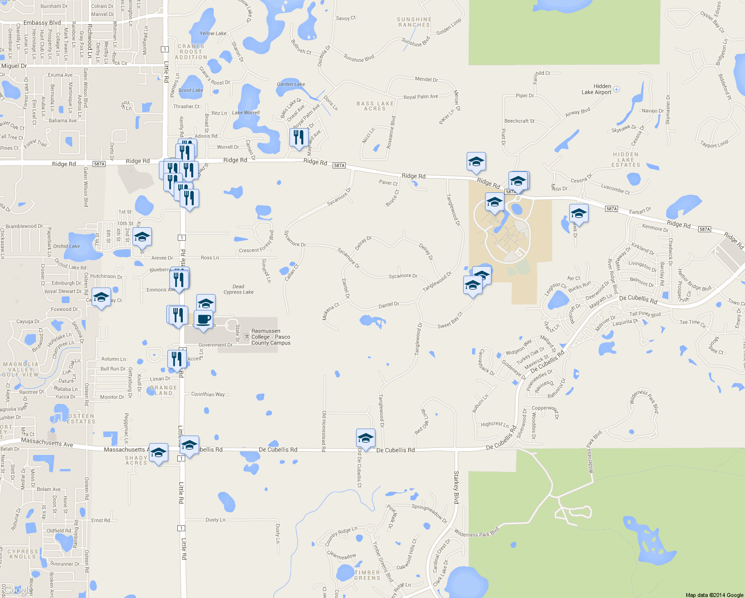 map of restaurants, bars, coffee shops, grocery stores, and more near 9501 Dantel Drive in New Port Richey
