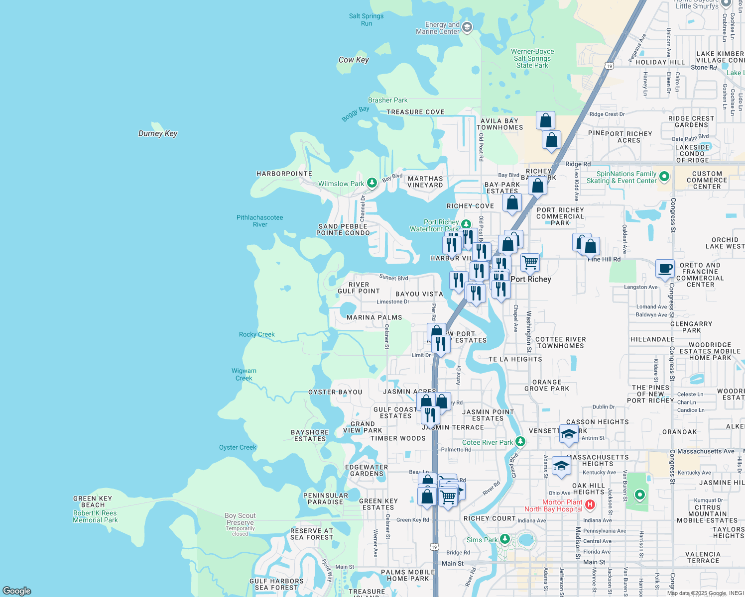 map of restaurants, bars, coffee shops, grocery stores, and more near 4911 Limestone Drive in Port Richey