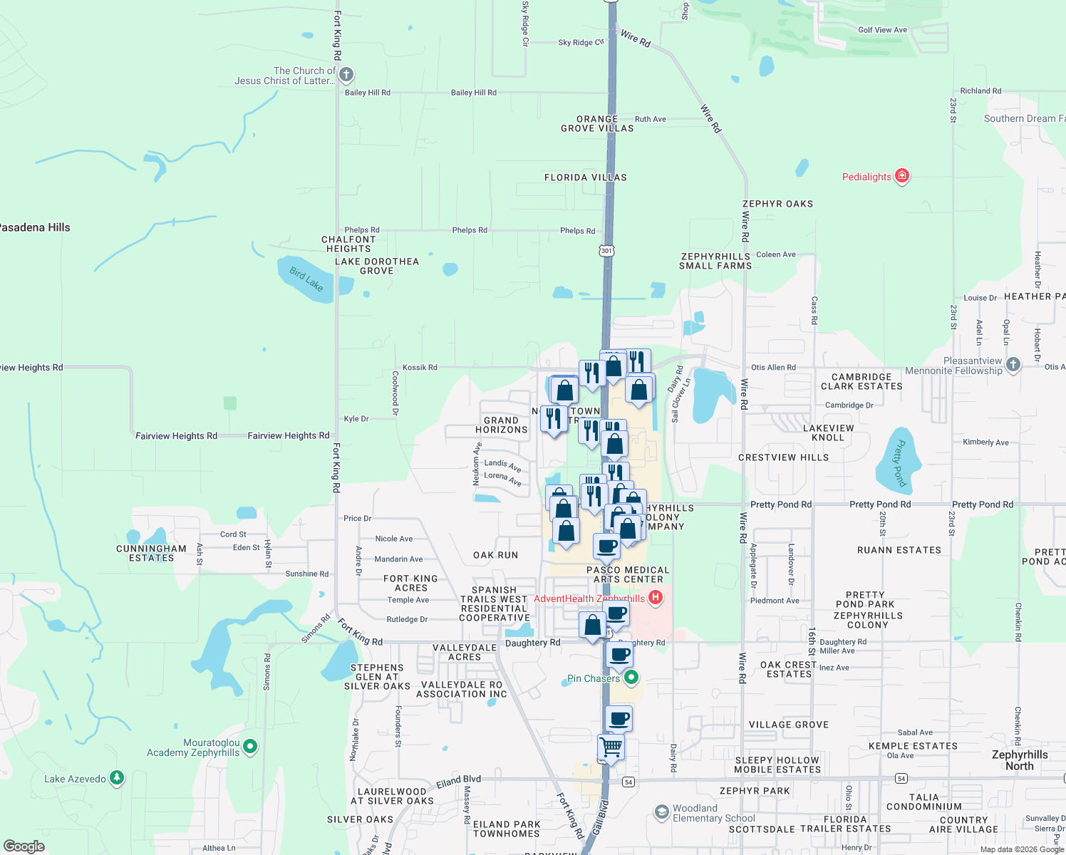 map of restaurants, bars, coffee shops, grocery stores, and more near 7736 Kay Marie Ave in Zephyrhills