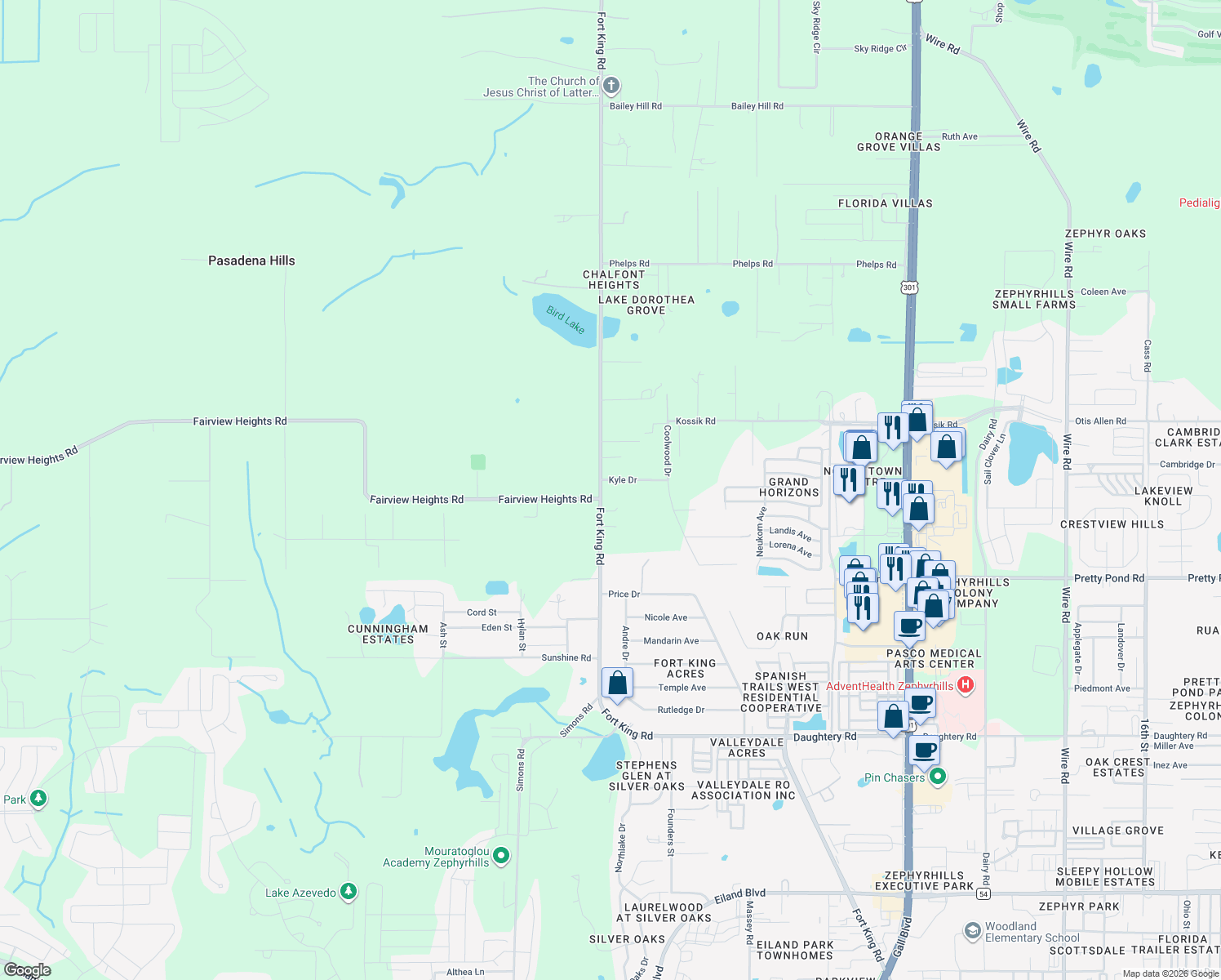 map of restaurants, bars, coffee shops, grocery stores, and more near 37012 Kyle Drive in Zephyrhills