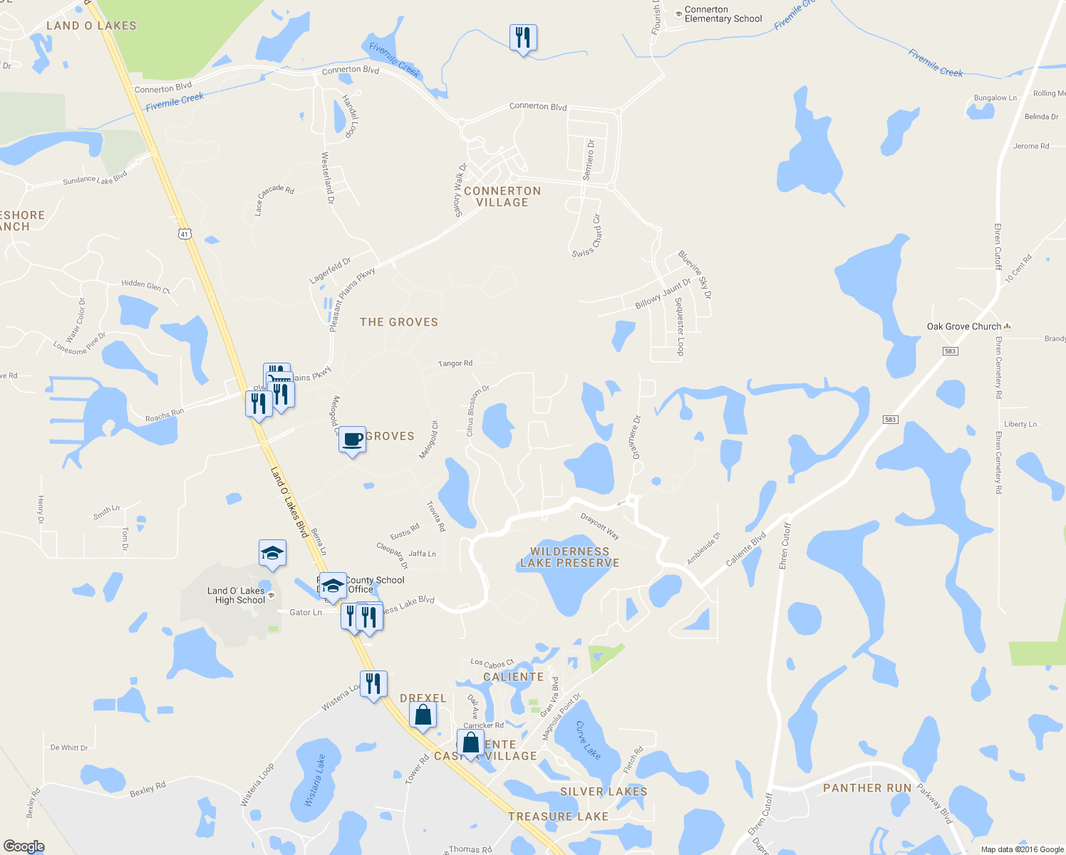 map of restaurants, bars, coffee shops, grocery stores, and more near 7754 Stoneleigh Drive in Pasco County
