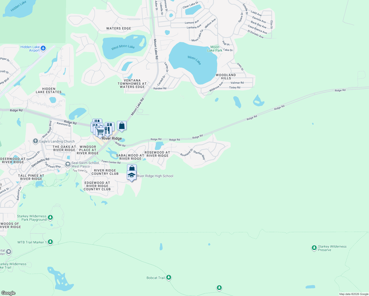 map of restaurants, bars, coffee shops, grocery stores, and more near 7846 Primula Lane in New Port Richey