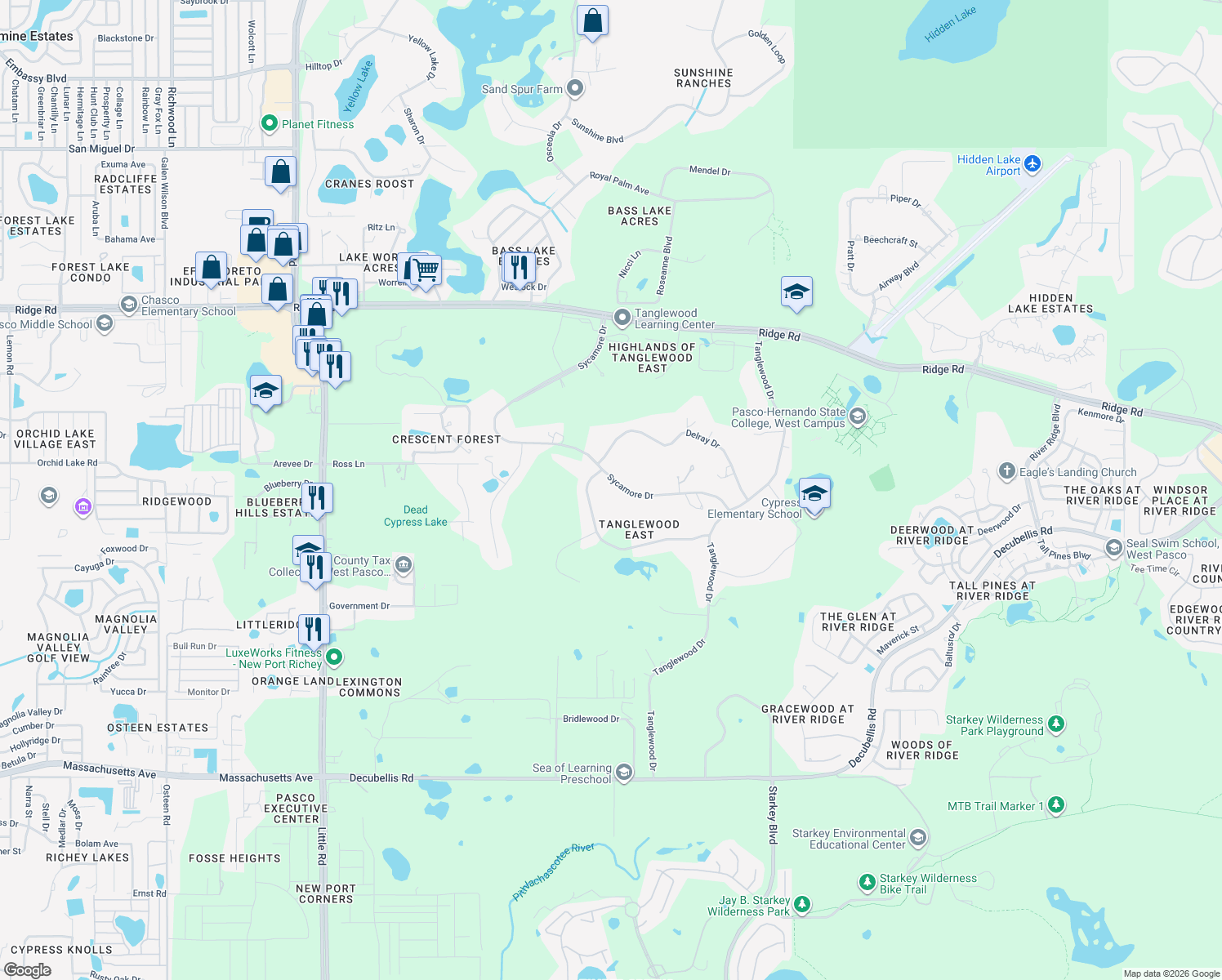 map of restaurants, bars, coffee shops, grocery stores, and more near 7941 Sycamore Drive in New Port Richey