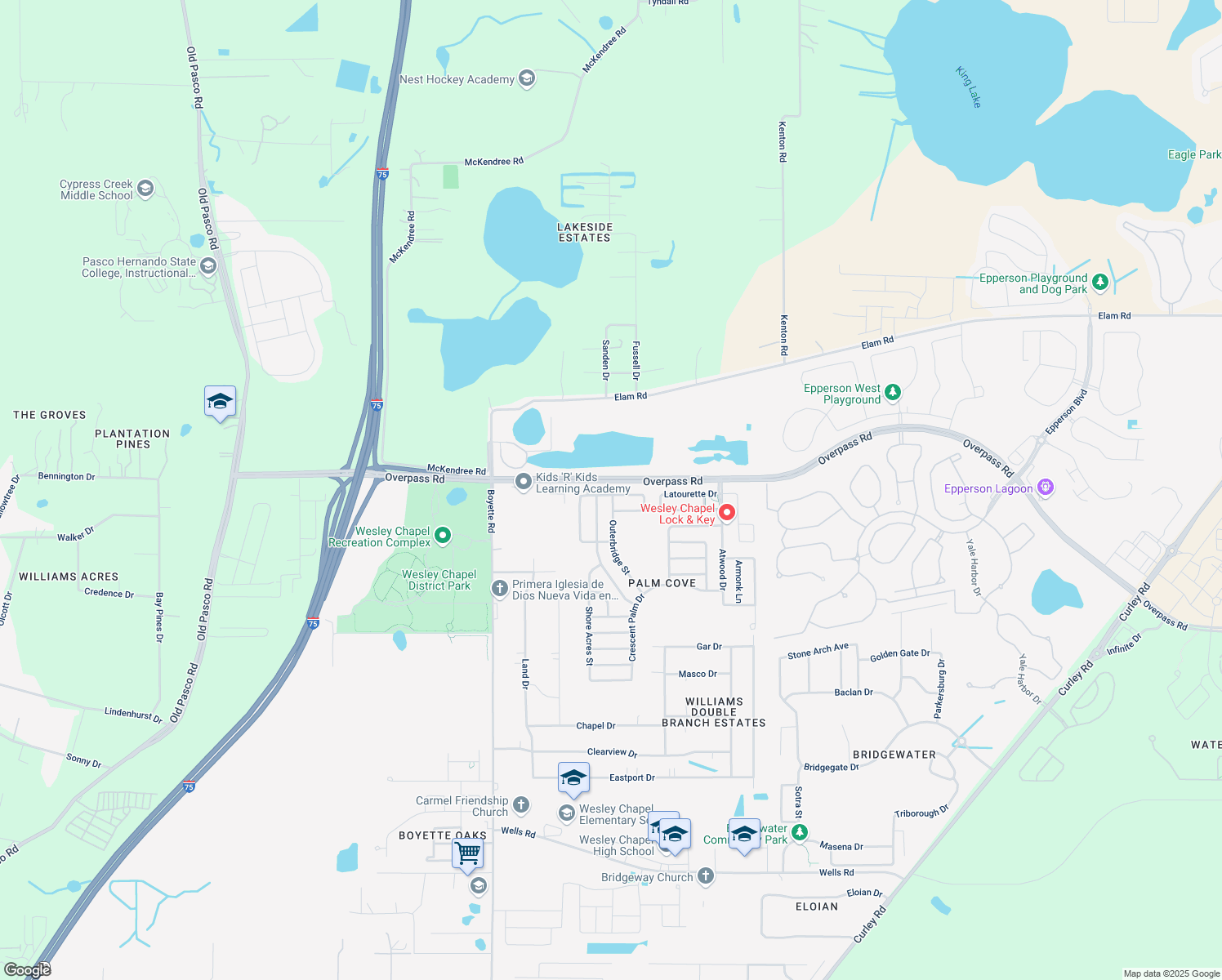 map of restaurants, bars, coffee shops, grocery stores, and more near 30345 Randall Manor Street in Wesley Chapel
