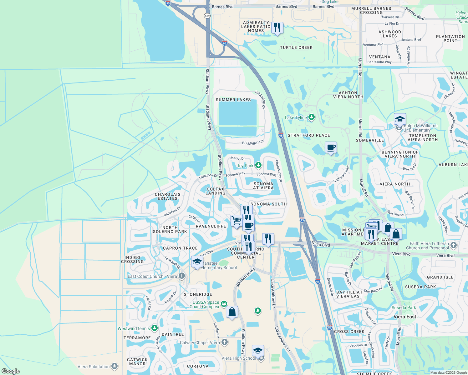 map of restaurants, bars, coffee shops, grocery stores, and more near 4867 Merlot Drive in Rockledge