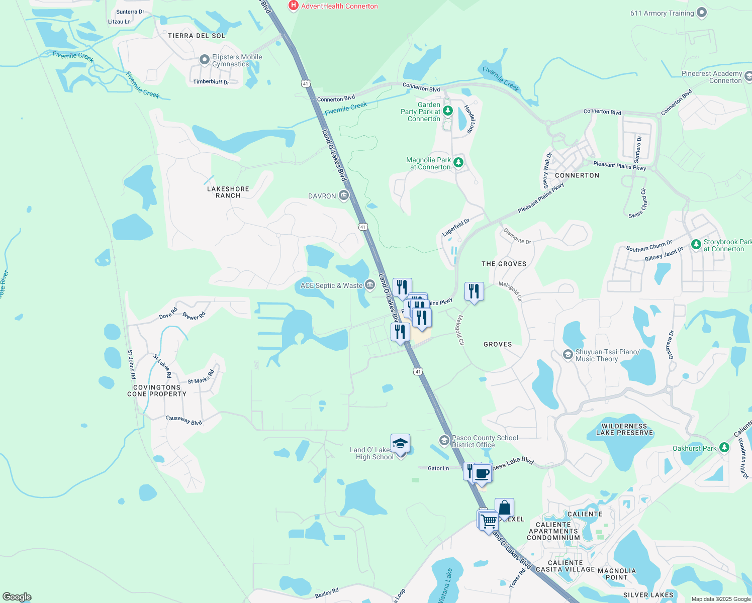 map of restaurants, bars, coffee shops, grocery stores, and more near 7839 Land O' Lakes Boulevard in Land O' Lakes