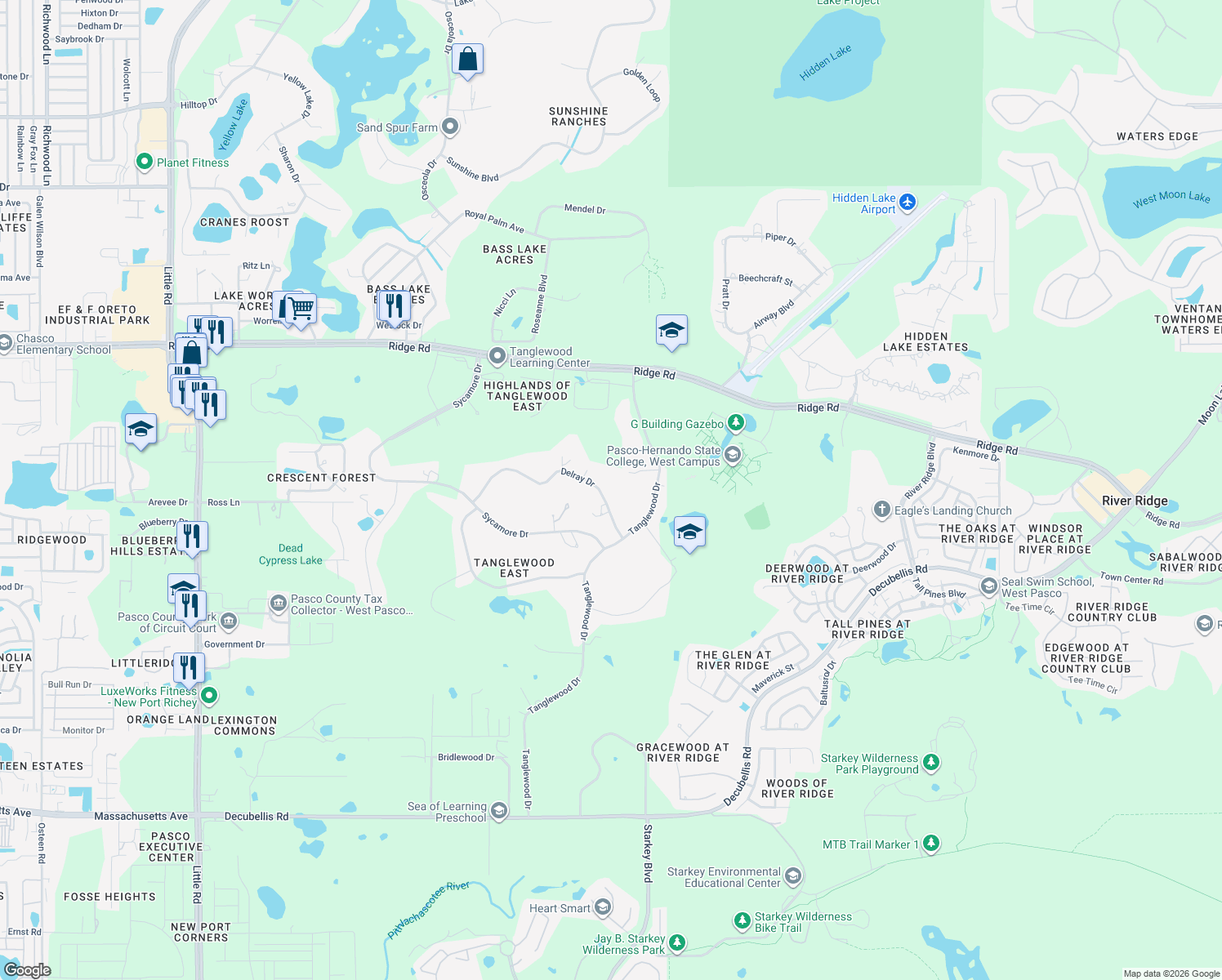 map of restaurants, bars, coffee shops, grocery stores, and more near 9761 Delray Drive in New Port Richey