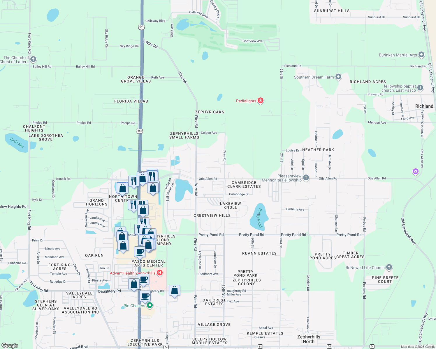 map of restaurants, bars, coffee shops, grocery stores, and more near 38648 Ferm Circle in Zephyrhills