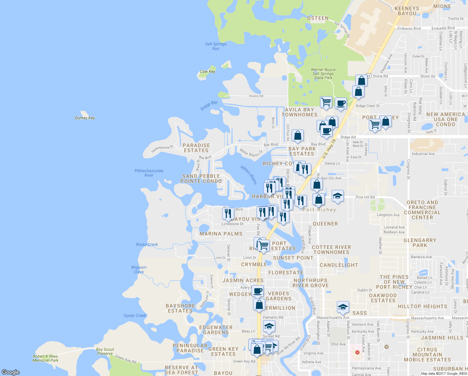 map of restaurants, bars, coffee shops, grocery stores, and more near 5040 Waterside Drive in Port Richey