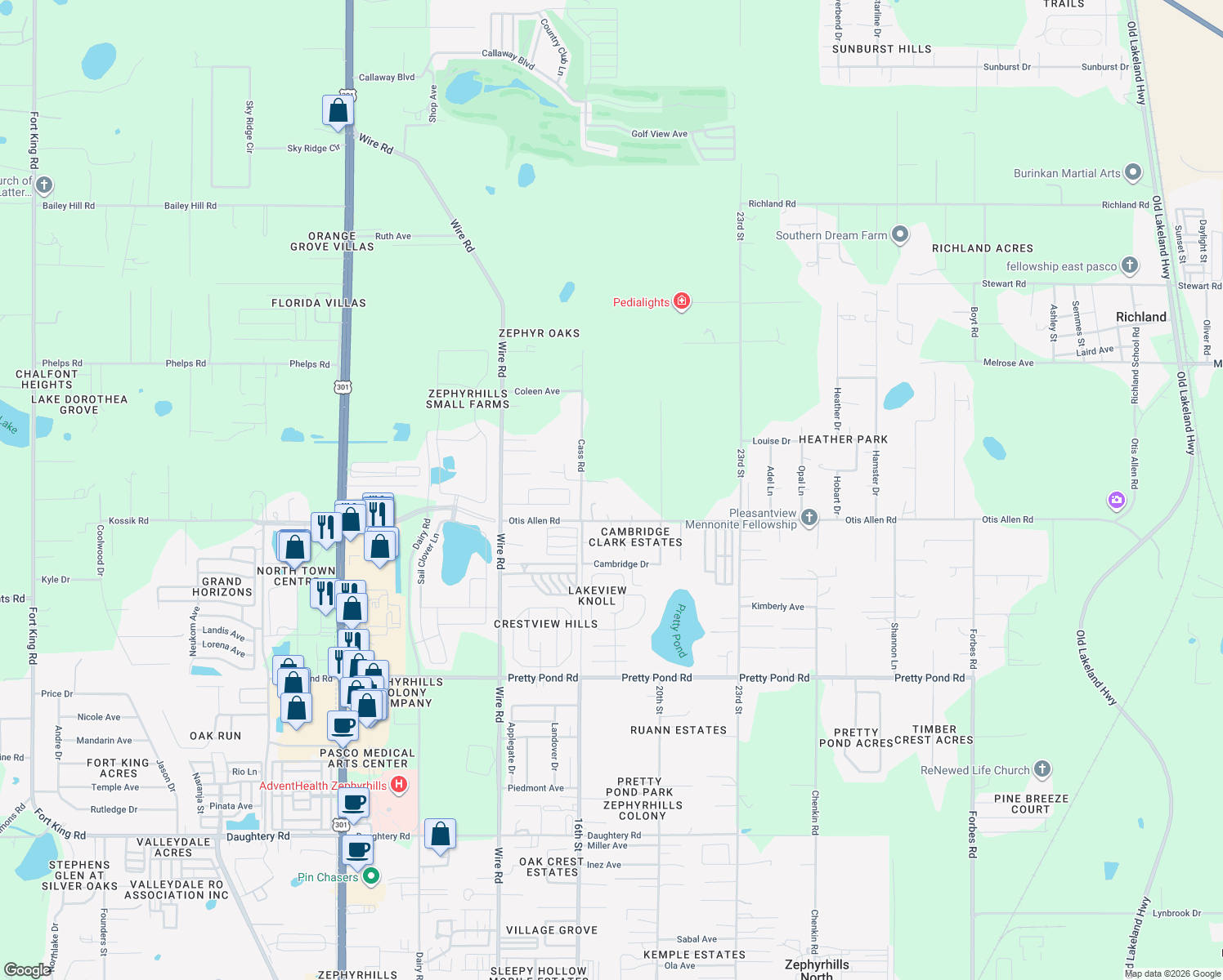 map of restaurants, bars, coffee shops, grocery stores, and more near 38822 Whisperwood Drive in Zephyrhills