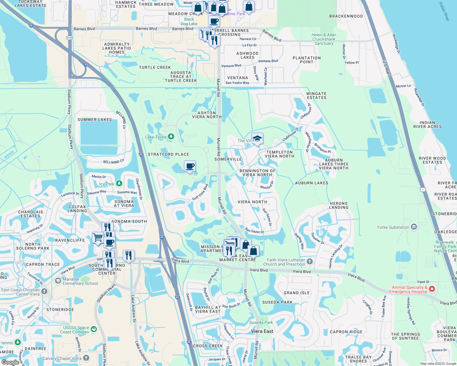 map of restaurants, bars, coffee shops, grocery stores, and more near 5080 Pointed Bill Court in Rockledge