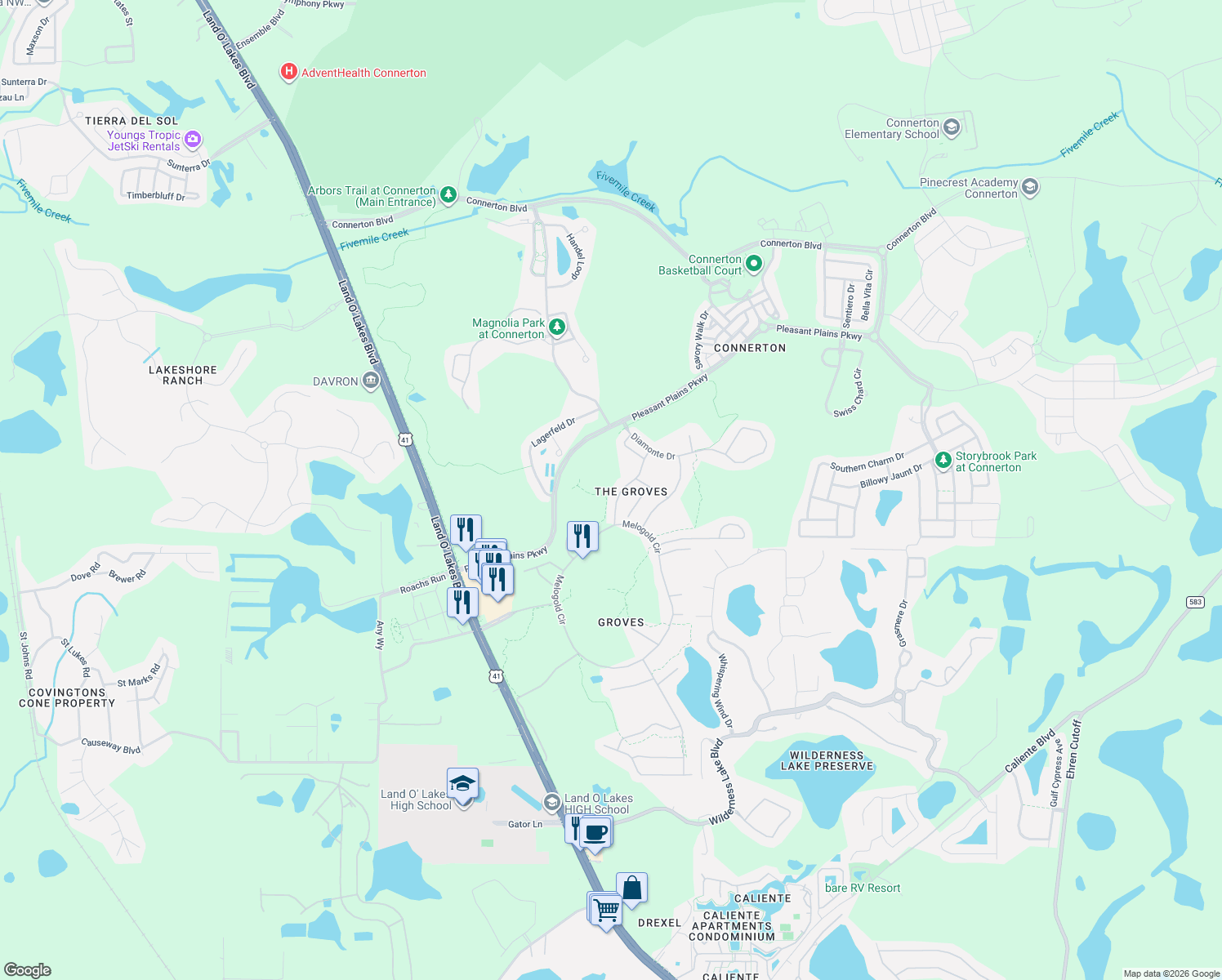 map of restaurants, bars, coffee shops, grocery stores, and more near 8137 Ponkan Road in Land O' Lakes
