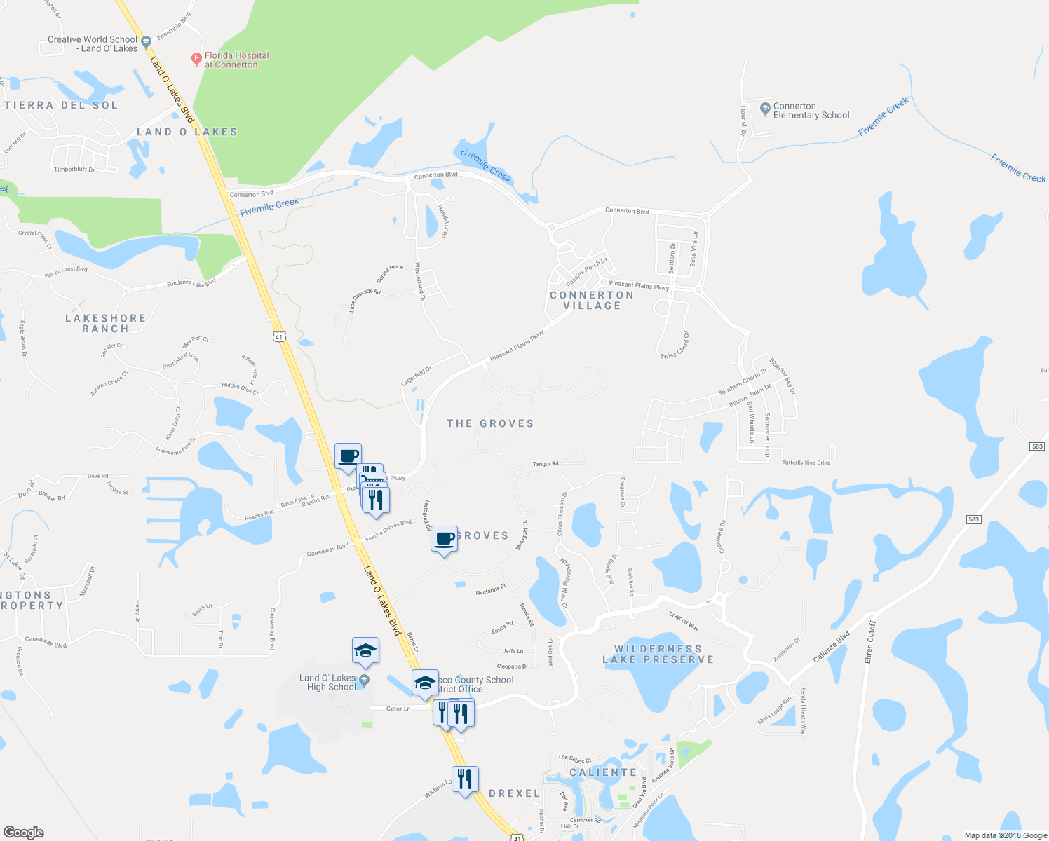 map of restaurants, bars, coffee shops, grocery stores, and more near 8145 Sanguinelli Road in Land O' Lakes