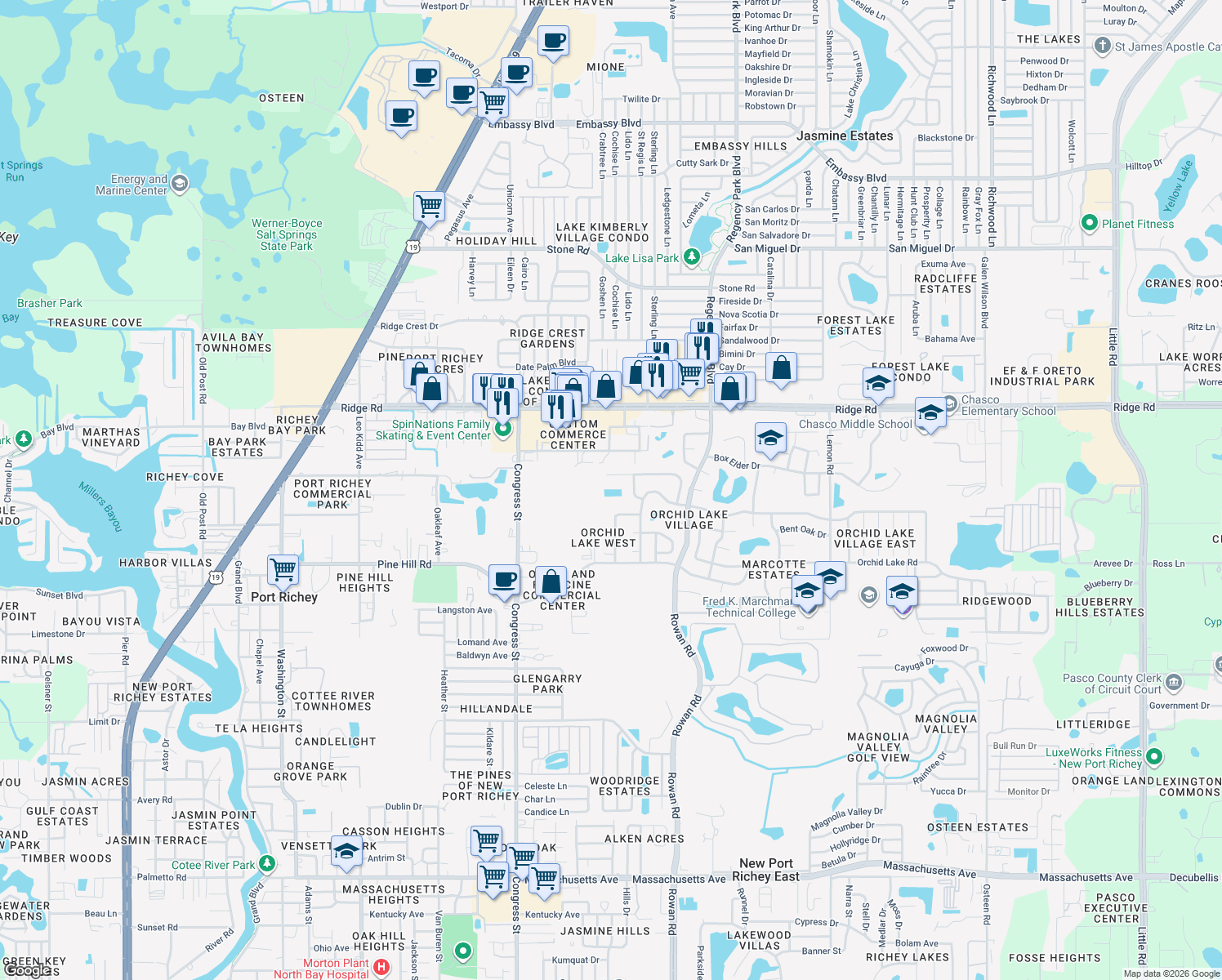 map of restaurants, bars, coffee shops, grocery stores, and more near 6742 Pin Cherry Lane in Port Richey