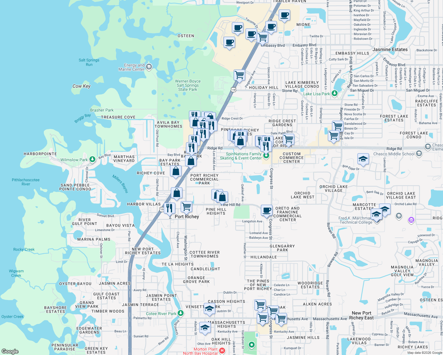 map of restaurants, bars, coffee shops, grocery stores, and more near 6033 Sherwin Drive in Port Richey