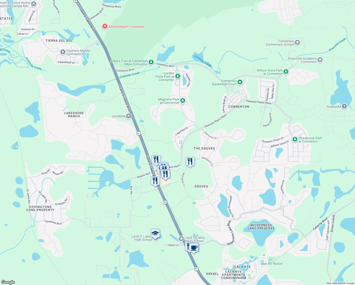 map of restaurants, bars, coffee shops, grocery stores, and more near 8214 Lagerfeld Drive in Land O' Lakes