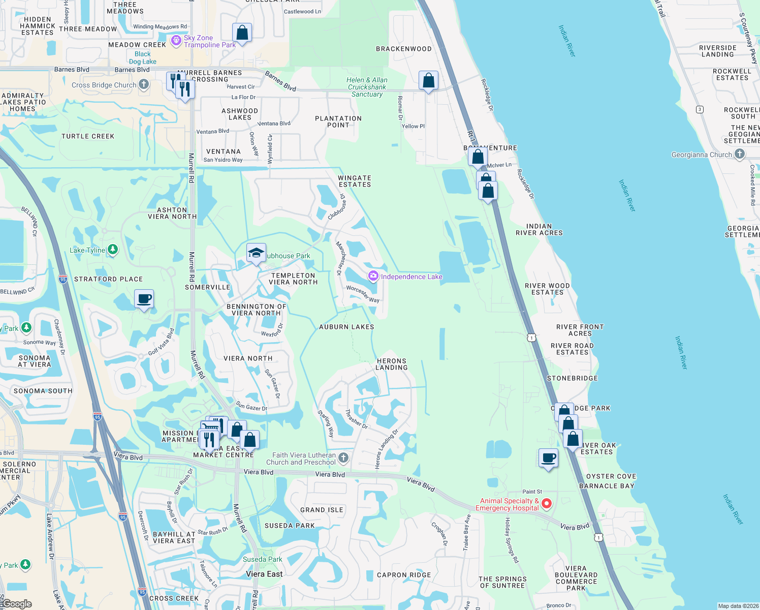 map of restaurants, bars, coffee shops, grocery stores, and more near 963 Brumpton Place in Rockledge