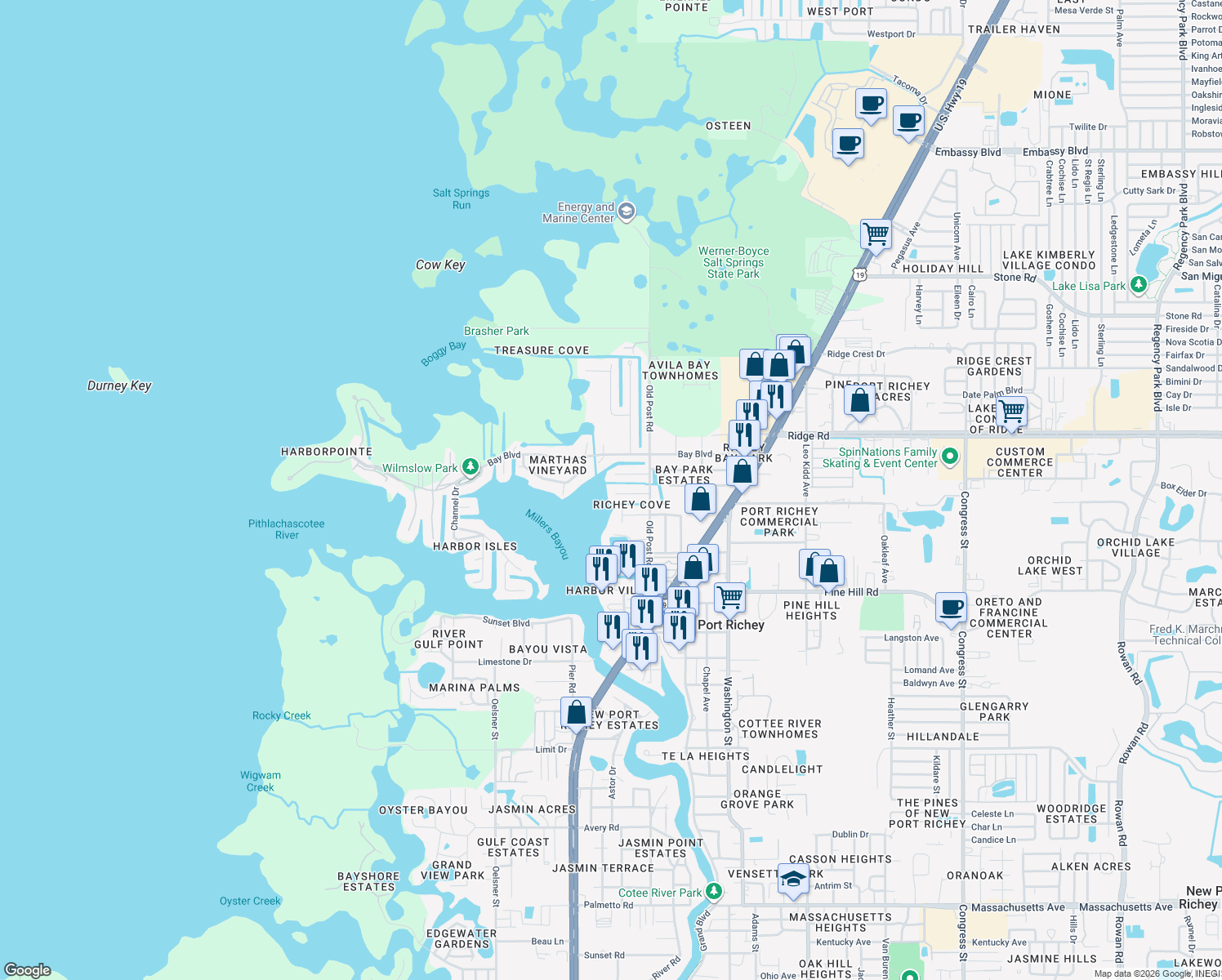 map of restaurants, bars, coffee shops, grocery stores, and more near 5343 Bluepoint Drive in Port Richey