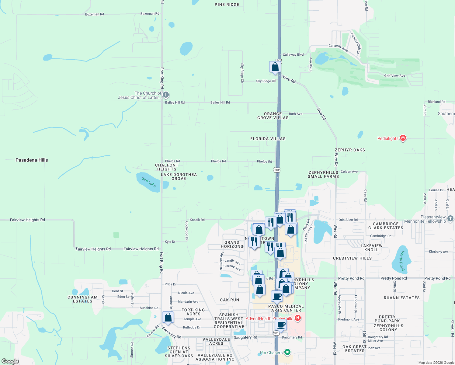 map of restaurants, bars, coffee shops, grocery stores, and more near 37442 Phelps Road in Zephyrhills