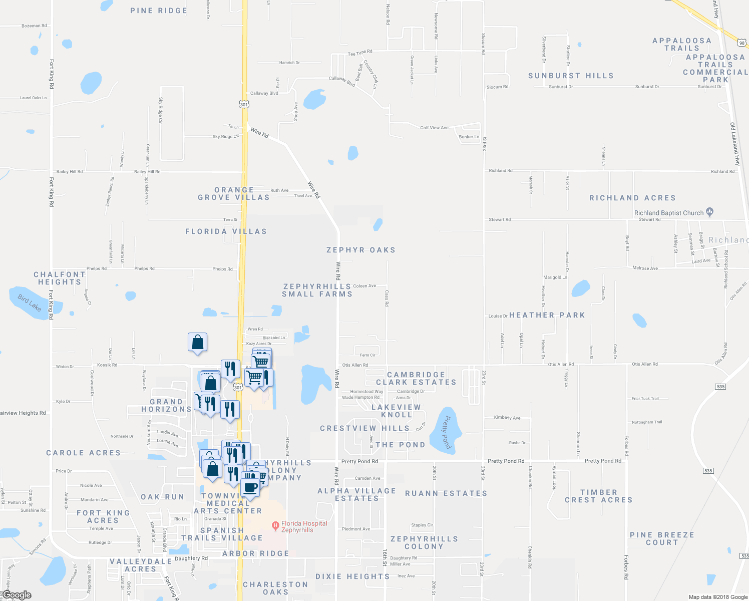 map of restaurants, bars, coffee shops, grocery stores, and more near 8321 Cass Road in Zephyrhills