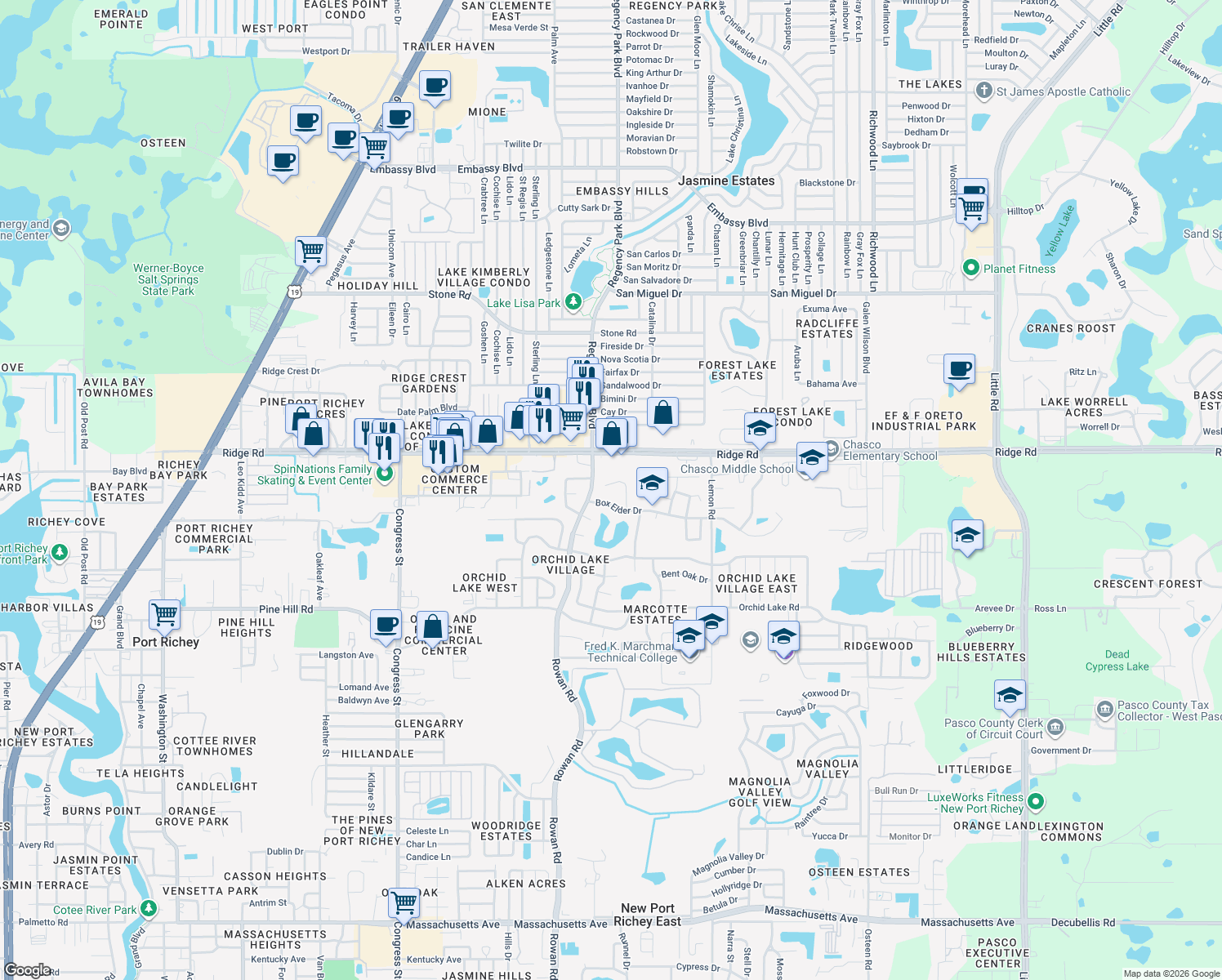 map of restaurants, bars, coffee shops, grocery stores, and more near 8415 Briarleaf Court in Port Richey