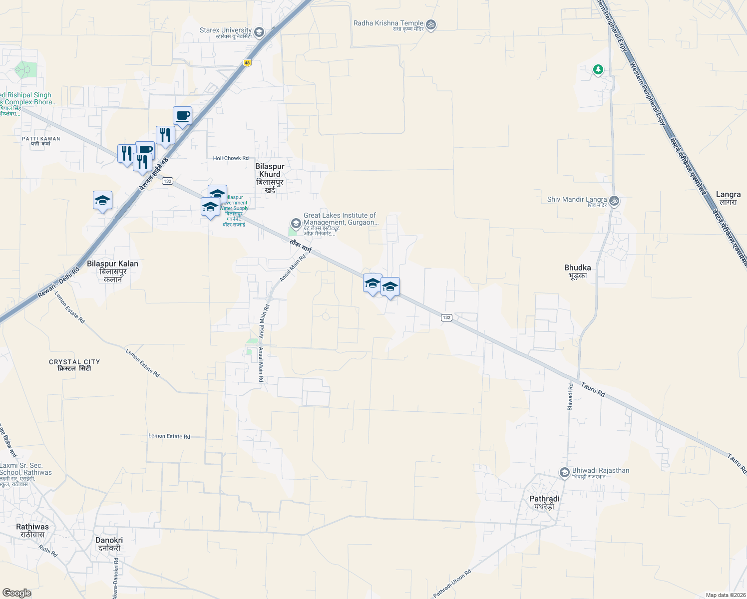 map of restaurants, bars, coffee shops, grocery stores, and more near Tauru Road in Gurgaon