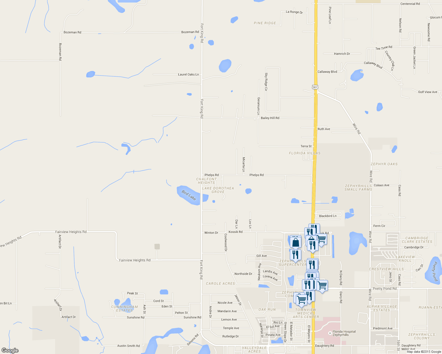 map of restaurants, bars, coffee shops, grocery stores, and more near 8445 Angela Court in Zephyrhills