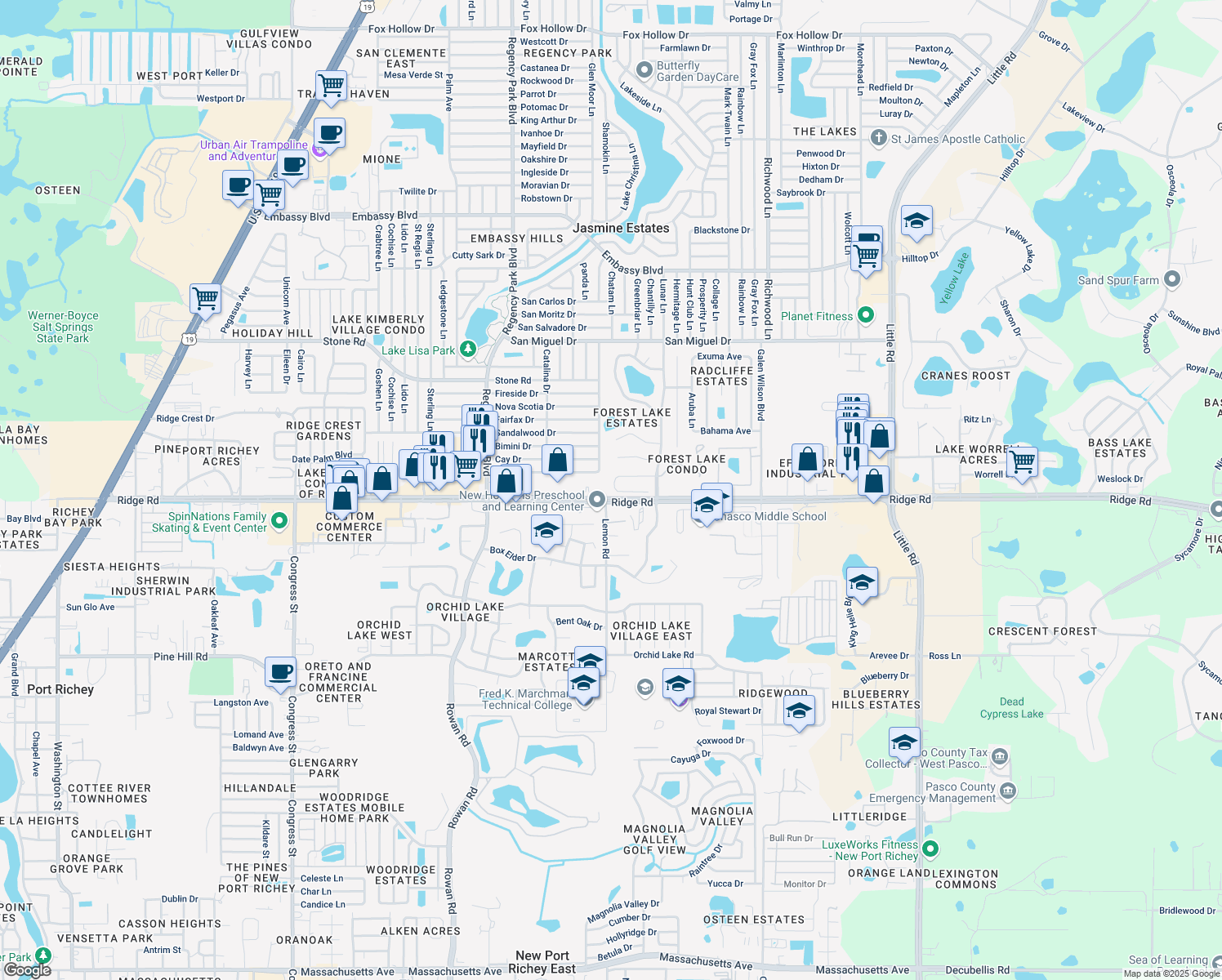map of restaurants, bars, coffee shops, grocery stores, and more near 7529 High Pines Court in Port Richey