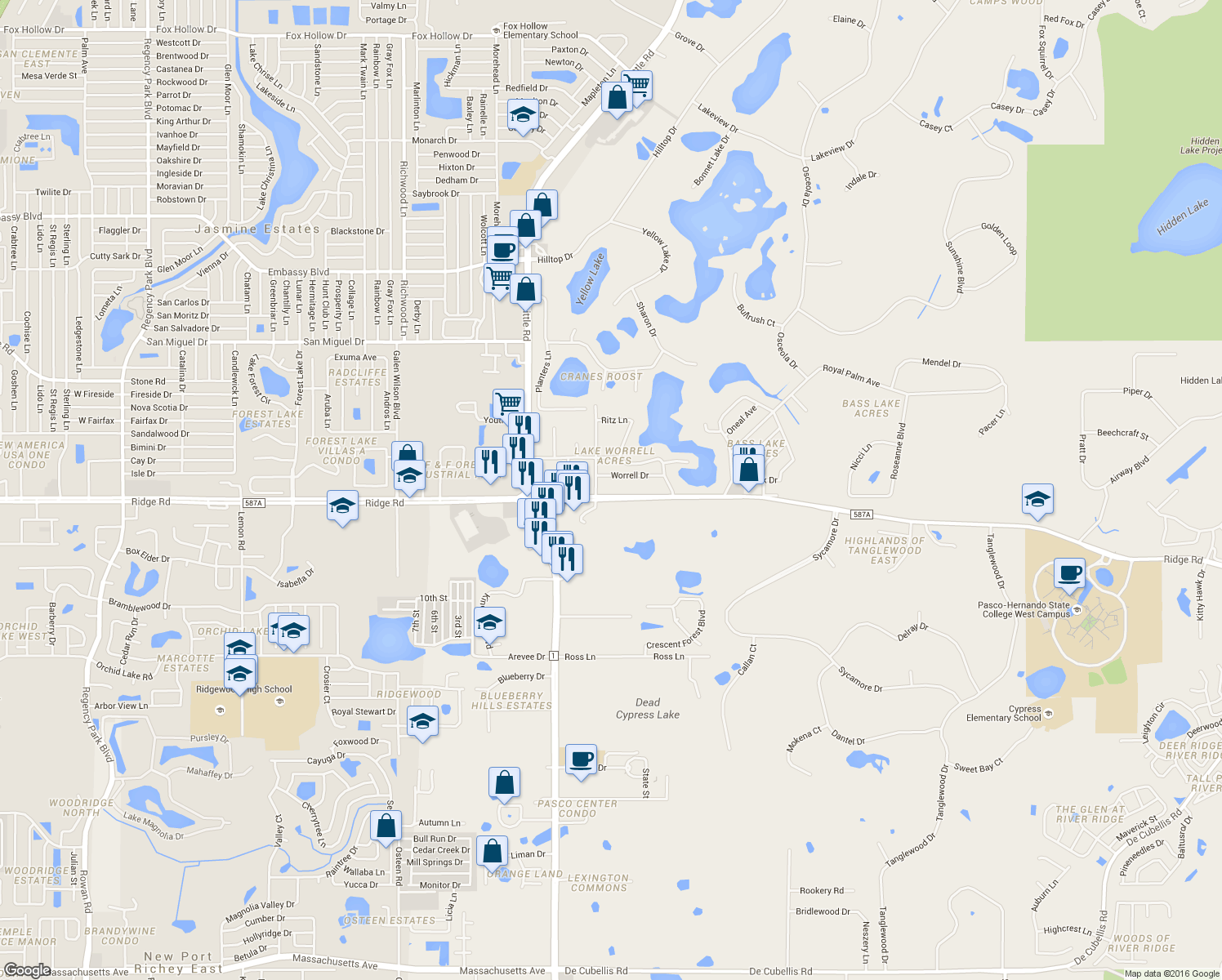 map of restaurants, bars, coffee shops, grocery stores, and more near 8645 Ridge Road in New Port Richey