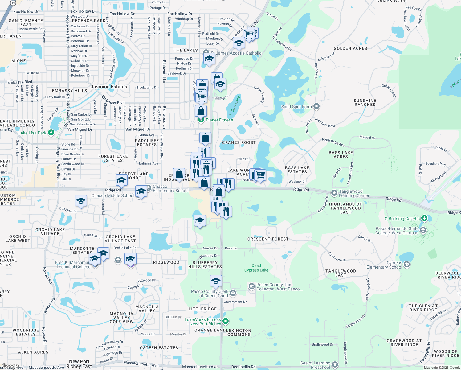 map of restaurants, bars, coffee shops, grocery stores, and more near 8539 Ridge Road in New Port Richey