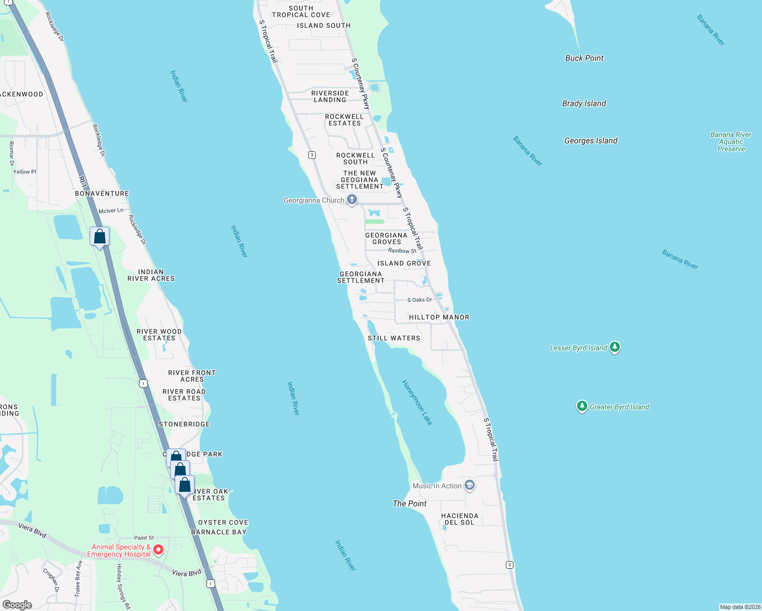 map of restaurants, bars, coffee shops, grocery stores, and more near 4265 Crooked Mile Road in Merritt Island