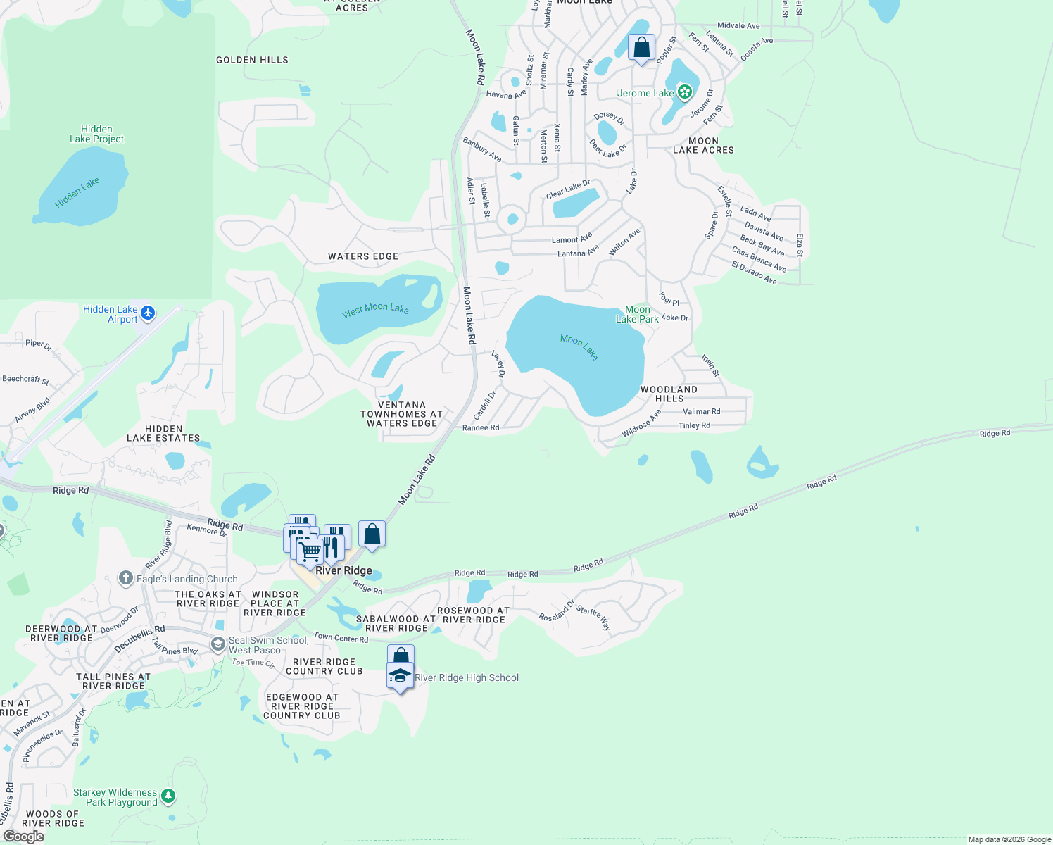 map of restaurants, bars, coffee shops, grocery stores, and more near 12120 Randee Road in Port Richey