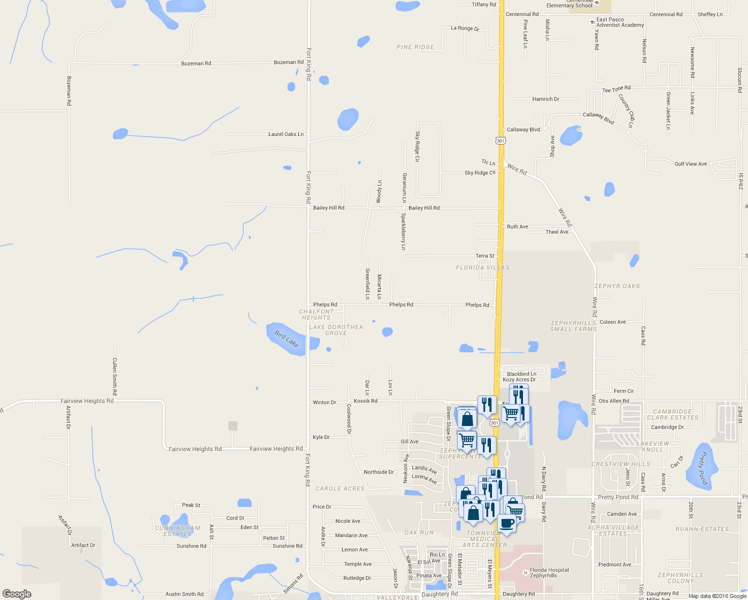map of restaurants, bars, coffee shops, grocery stores, and more near 37321 Phelps Road in Zephyrhills