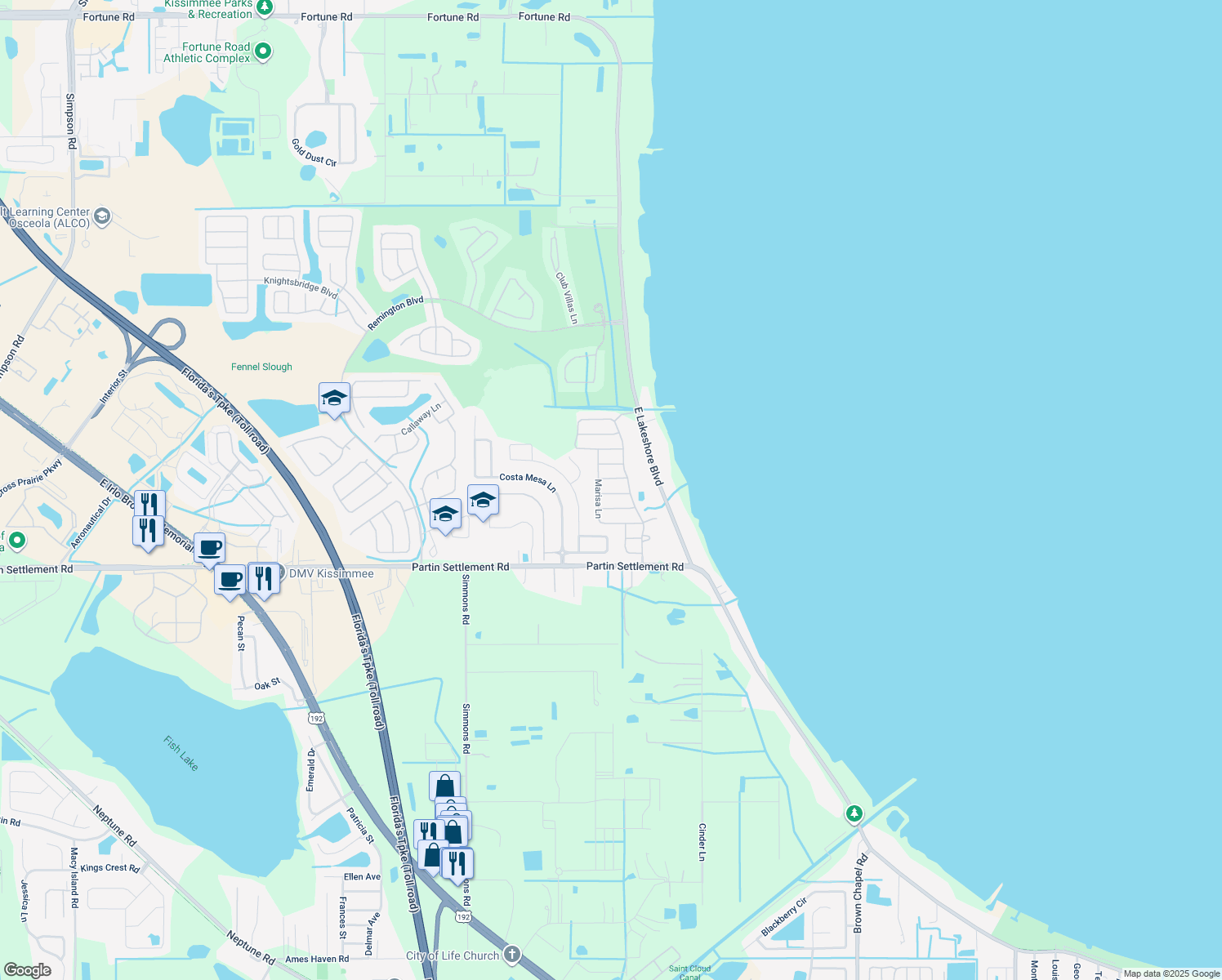 map of restaurants, bars, coffee shops, grocery stores, and more near 3007 Lady Mae Lane in Kissimmee