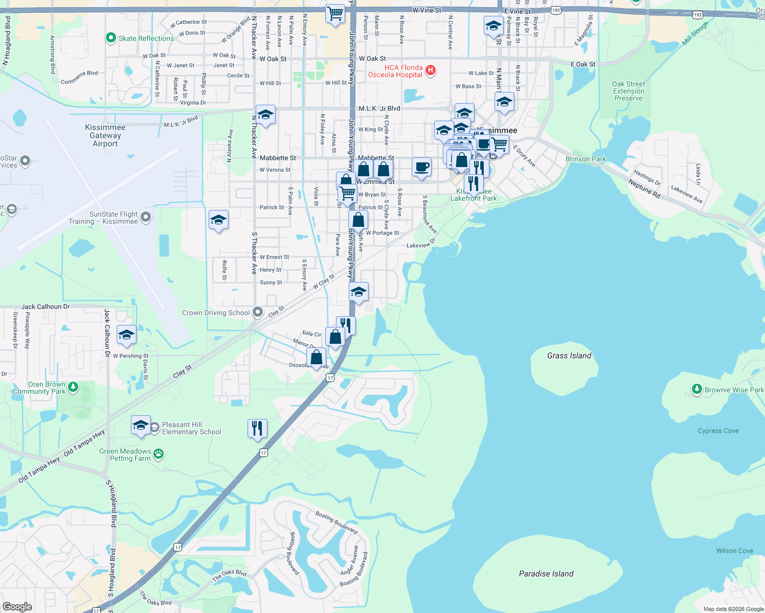 map of restaurants, bars, coffee shops, grocery stores, and more near 1000 South Clyde Avenue in Kissimmee