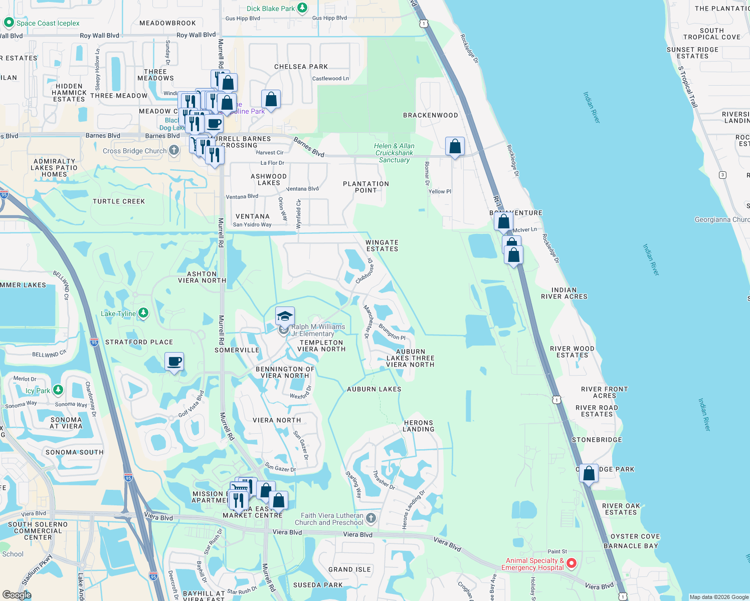 map of restaurants, bars, coffee shops, grocery stores, and more near 1367 Auburn Lakes Drive in Rockledge