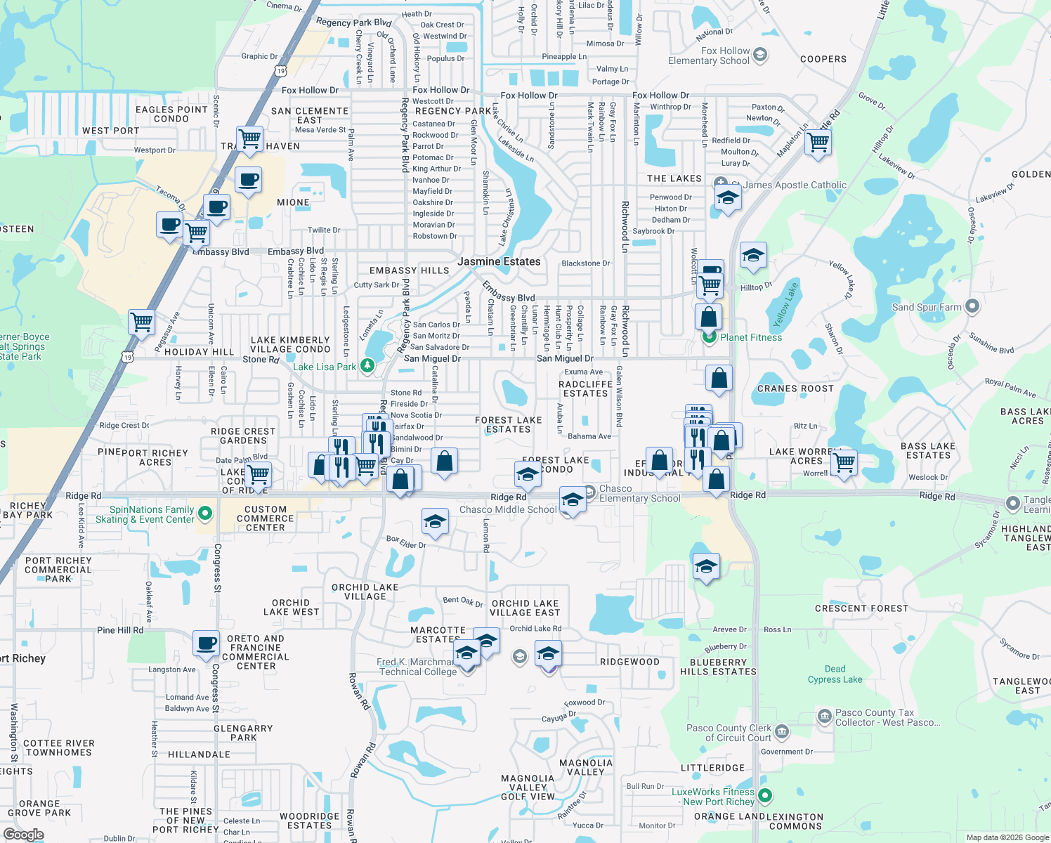 map of restaurants, bars, coffee shops, grocery stores, and more near 7624 Lake Forest Circle in Port Richey