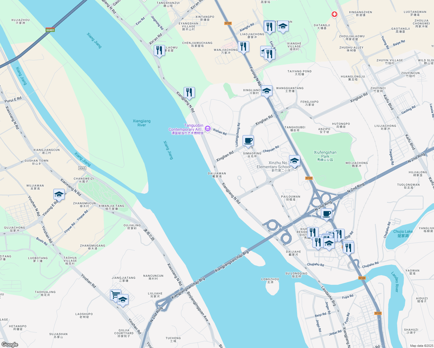 map of restaurants, bars, coffee shops, grocery stores, and more near Xiang Jiang Bei Lu in Chang Sha Shi