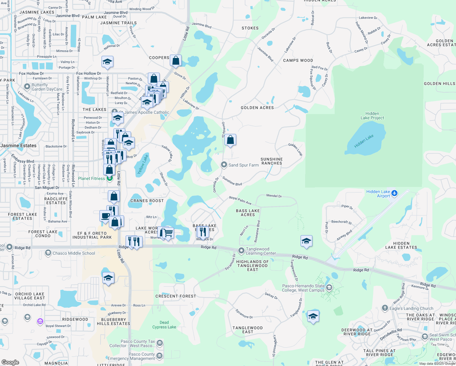 map of restaurants, bars, coffee shops, grocery stores, and more near 9018 Sunshine Boulevard in New Port Richey