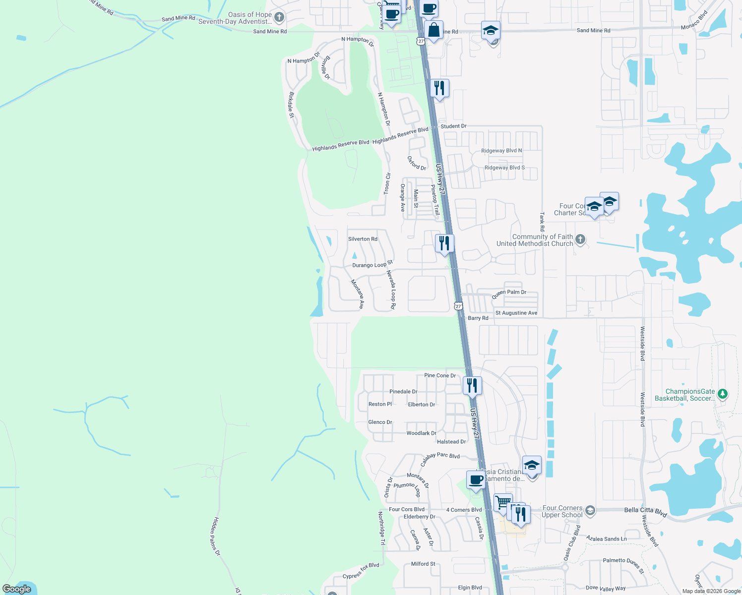 map of restaurants, bars, coffee shops, grocery stores, and more near 436 Nevada Loop Road in Davenport