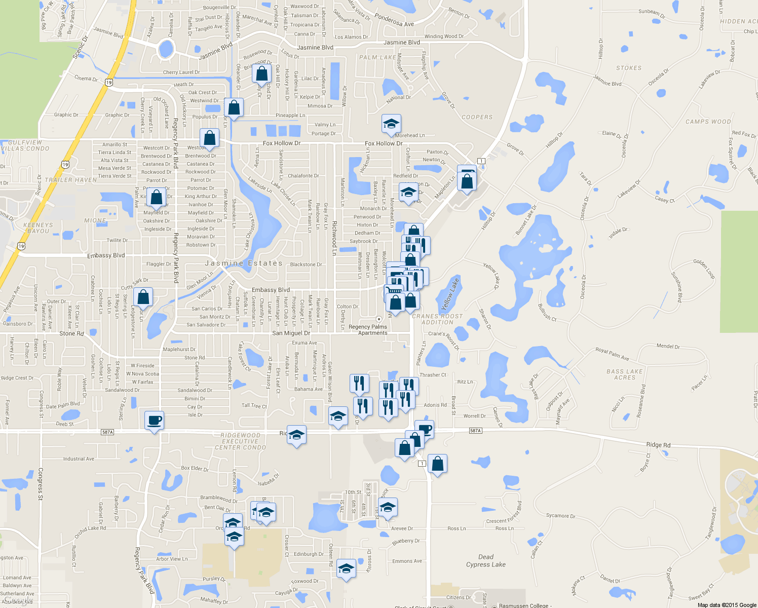 map of restaurants, bars, coffee shops, grocery stores, and more near 9128 Barrington Lane in Port Richey