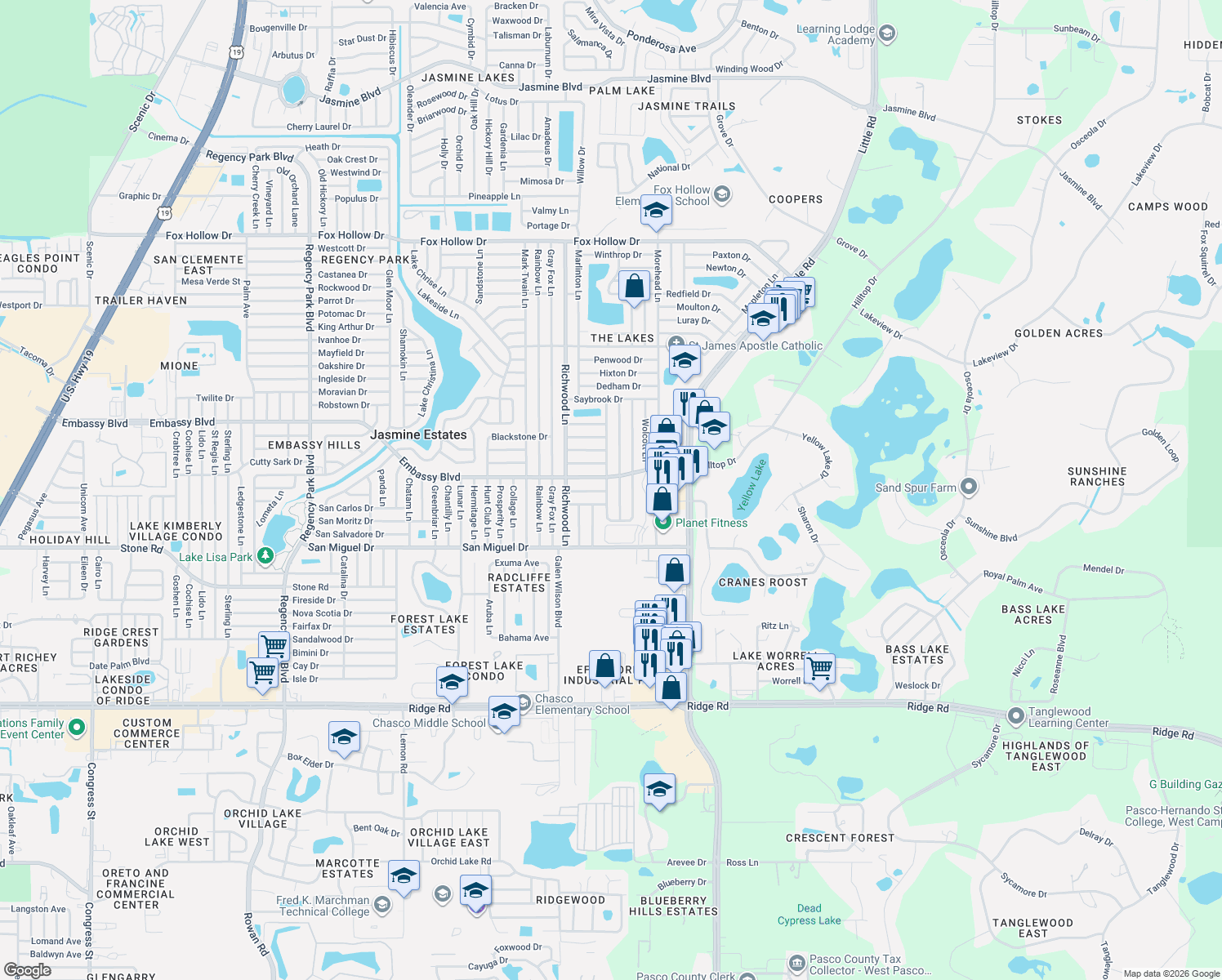 map of restaurants, bars, coffee shops, grocery stores, and more near 9146 Whitman Lane in Port Richey