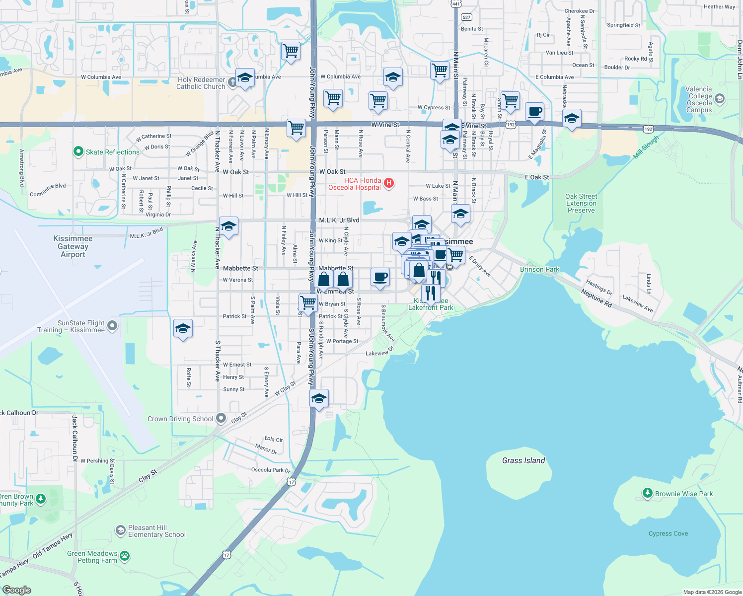 map of restaurants, bars, coffee shops, grocery stores, and more near 3 Courthouse Square in Kissimmee