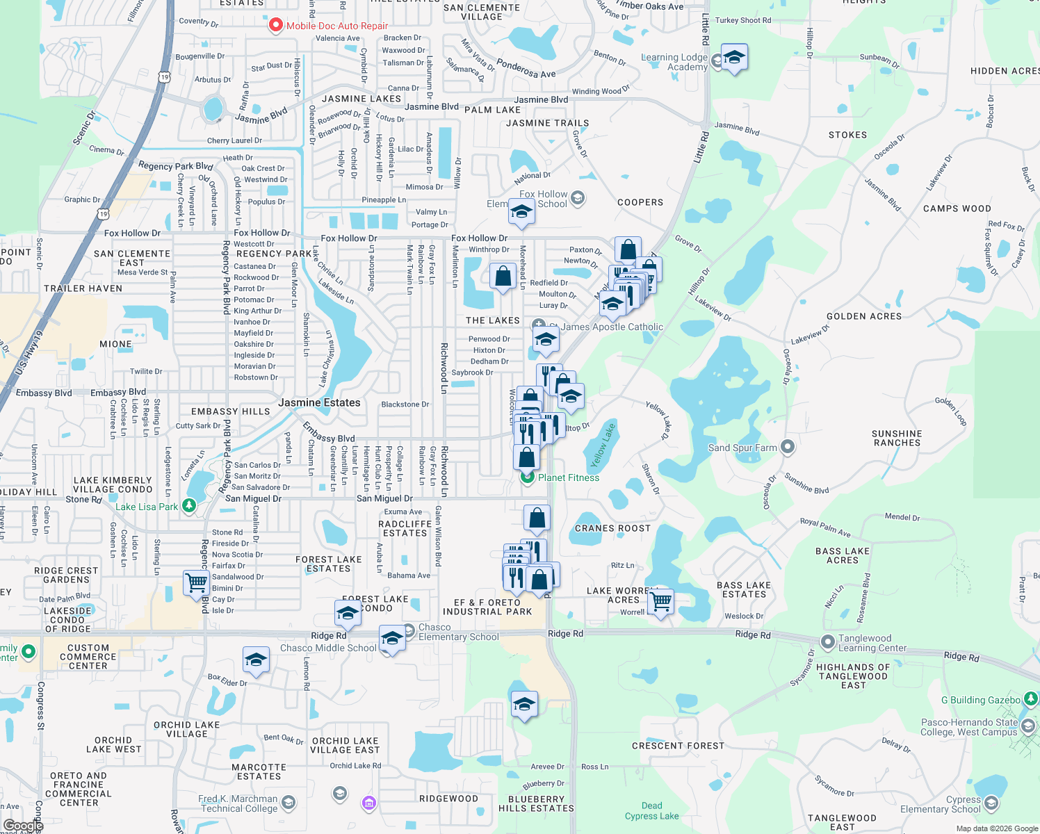 map of restaurants, bars, coffee shops, grocery stores, and more near 9303 Morehead Lane in Port Richey