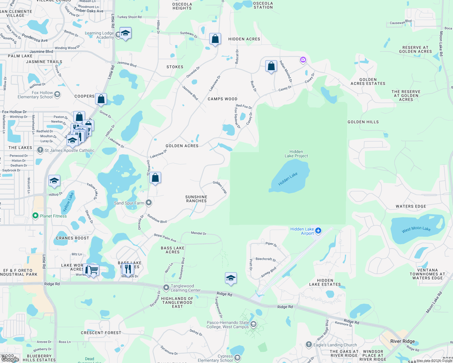 map of restaurants, bars, coffee shops, grocery stores, and more near 9918 Golden Loop in New Port Richey