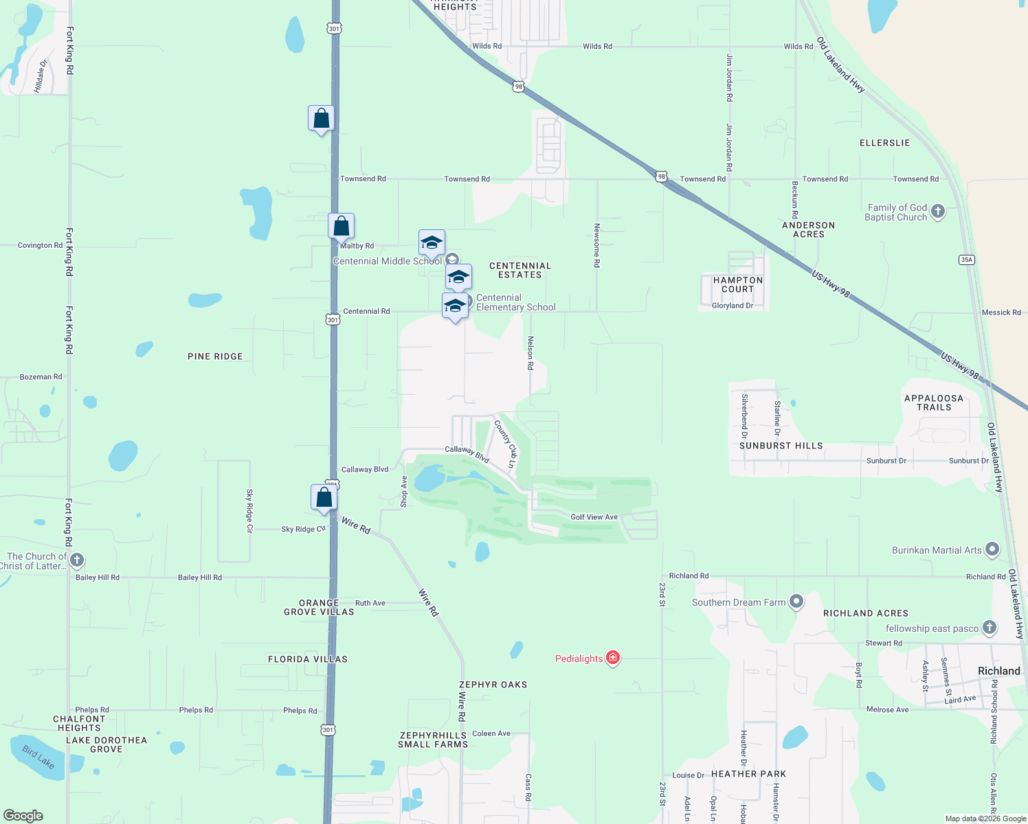 map of restaurants, bars, coffee shops, grocery stores, and more near Tee Time Rd in Dade City