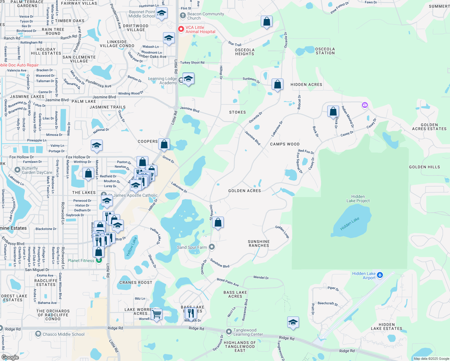 map of restaurants, bars, coffee shops, grocery stores, and more near 9760 Osceola Drive in New Port Richey