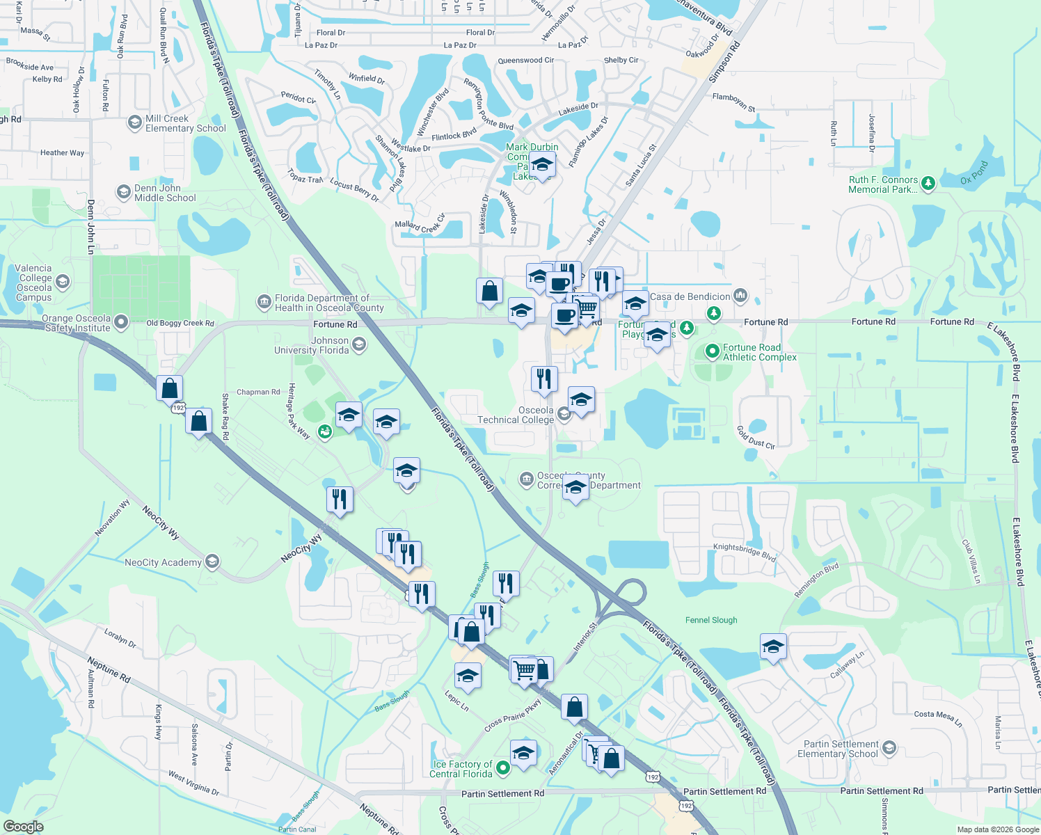 map of restaurants, bars, coffee shops, grocery stores, and more near 802 Country Crossing Court in Kissimmee