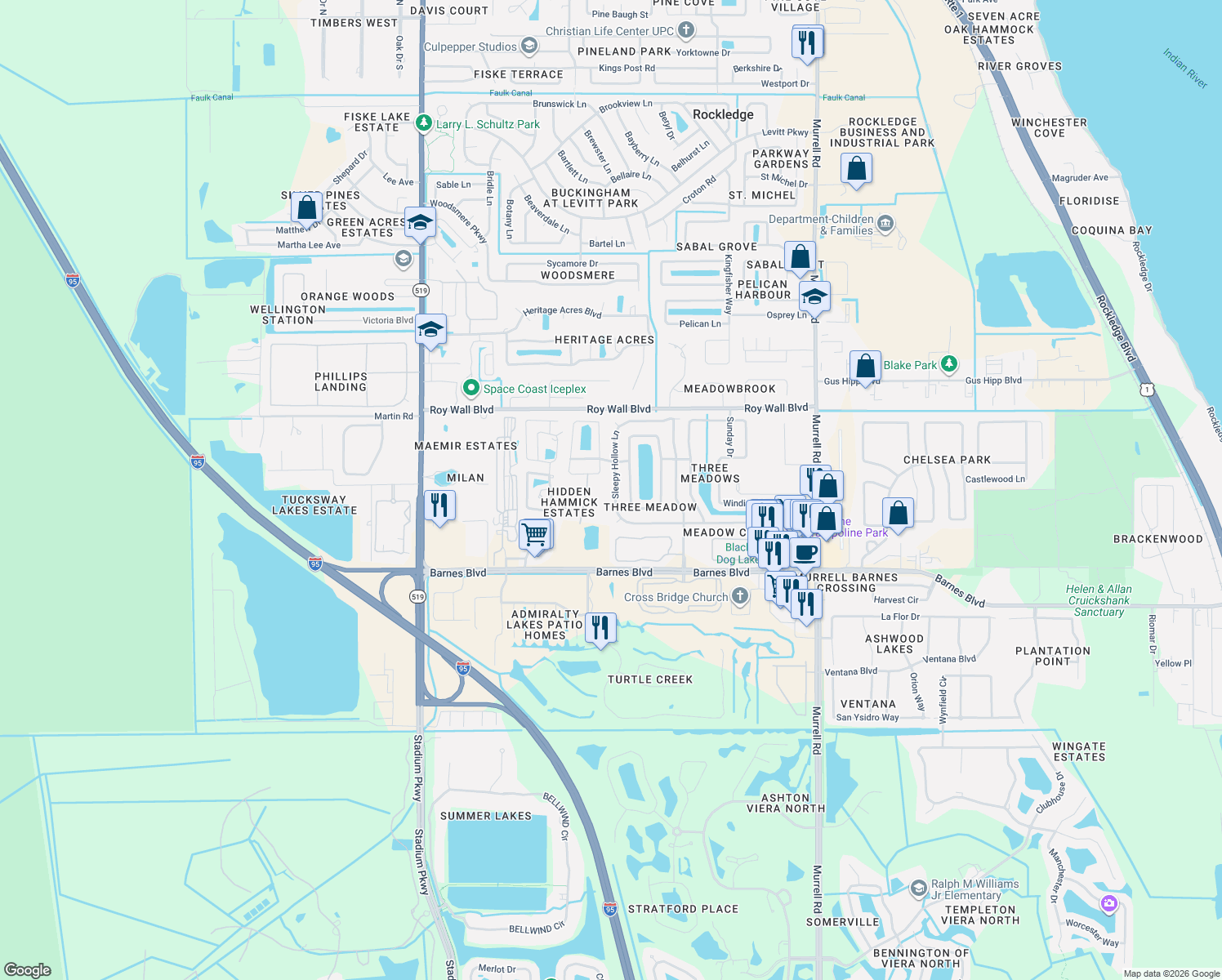 map of restaurants, bars, coffee shops, grocery stores, and more near 1249 Sleepy Hollow Ln in Rockledge