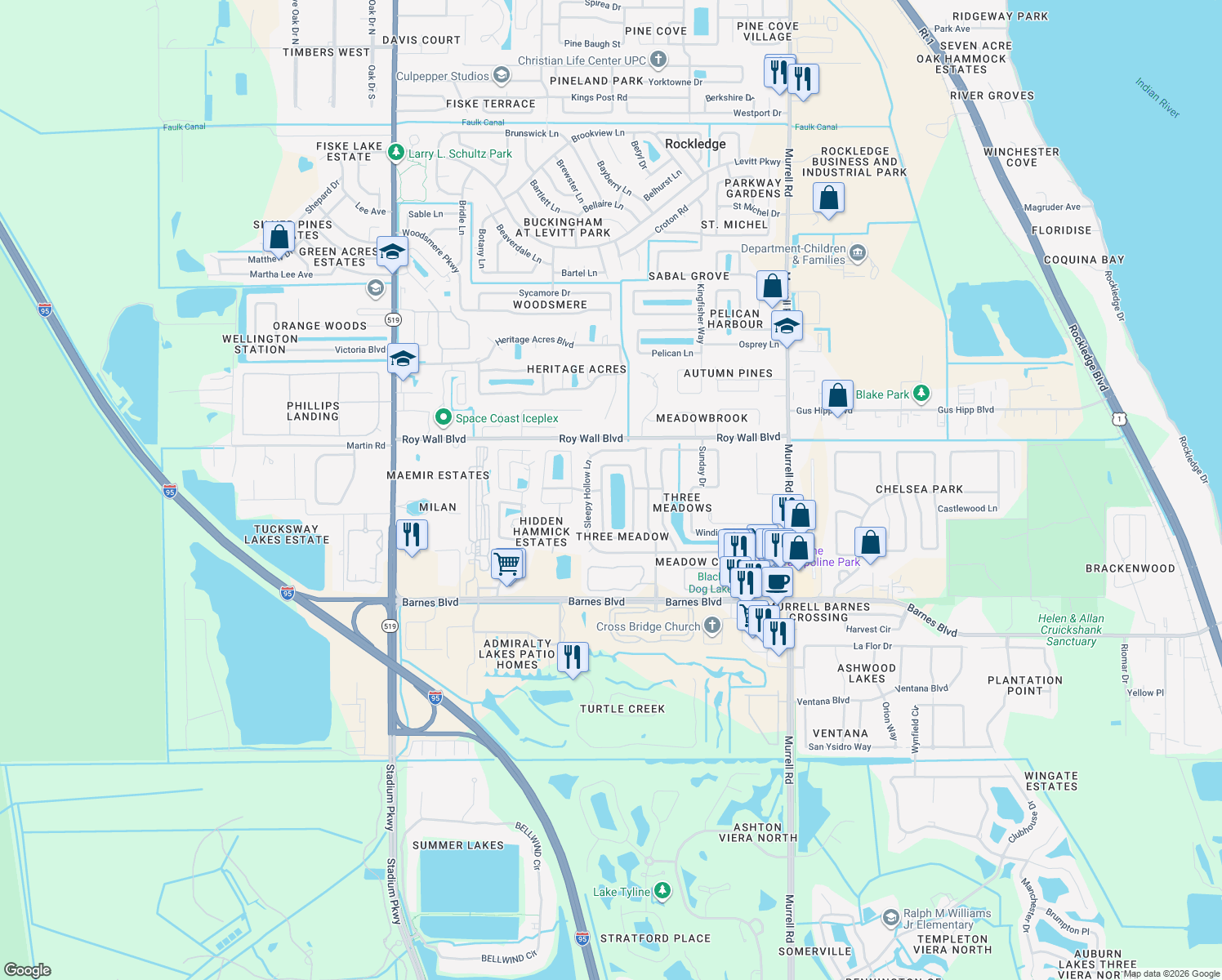 map of restaurants, bars, coffee shops, grocery stores, and more near 1214 Sugar Creek Ln in Rockledge